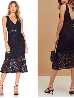 Bardot Black Lace V-Neck Midi Dress